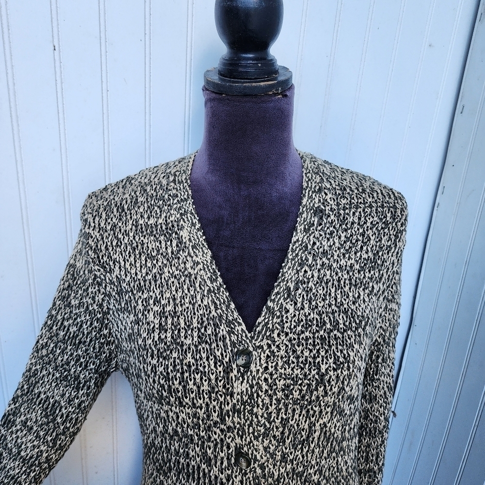 JONES NEW YORK Mercerized Cotton Olive Green Beige Sweater Chunky Cardigan Top M - Picture 3 of 14